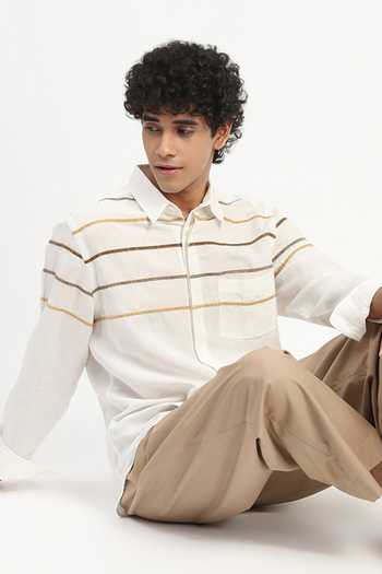 Shop_Abraham And Thakore_Ivory Cotton, Linen Tape Applique Shirt _Online_at_Aza_Fashions