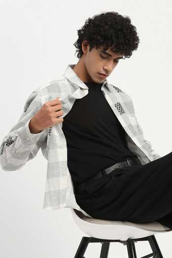 Abraham And Thakore_Ivory Cotton, Linen Sequin Checks Pattern Shirt _Online_at_Aza_Fashions