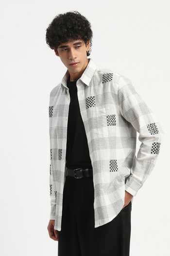 Abraham And Thakore_Ivory Cotton, Linen Sequin Checks Pattern Shirt _at_Aza_Fashions