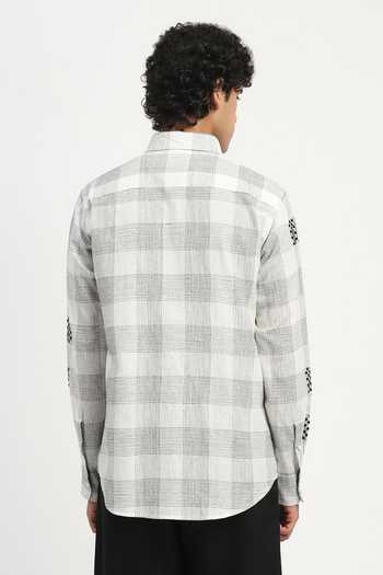 Shop_Abraham And Thakore_Ivory Cotton, Linen Sequin Checks Pattern Shirt _at_Aza_Fashions
