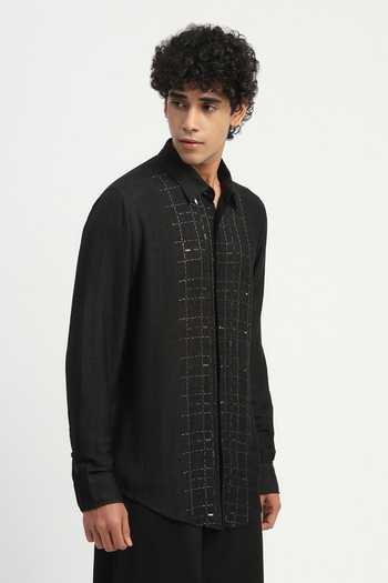 Abraham And Thakore_Black Cotton, Linen Sequin And Stab Shirt _Online_at_Aza_Fashions