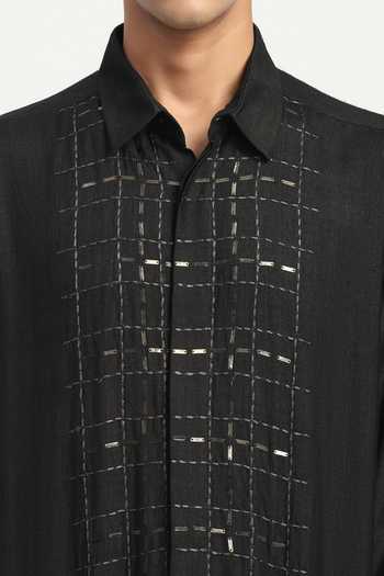 Shop_Abraham And Thakore_Black Cotton, Linen Sequin And Stab Shirt _Online_at_Aza_Fashions