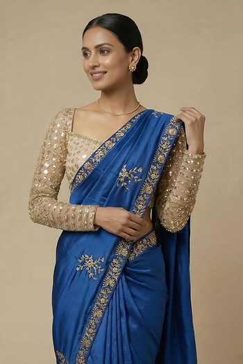 Buy_Ellemora Fashions_Blue Net, Silk Square Neck Sapahrie Nights Saree And Blouse Set _Online_at_Aza_Fashions