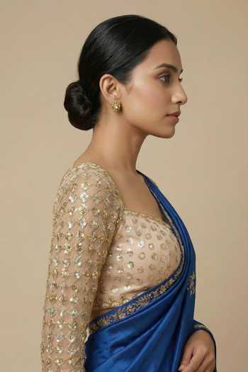 Shop_Ellemora Fashions_Blue Net, Silk Square Neck Sapahrie Nights Saree And Blouse Set _Online_at_Aza_Fashions