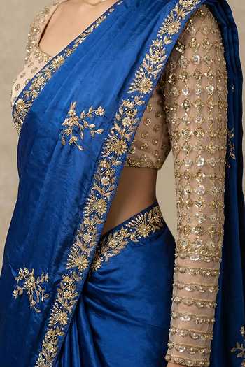 Ellemora Fashions_Blue Net, Silk Square Neck Sapahrie Nights Saree And Blouse Set _at_Aza_Fashions
