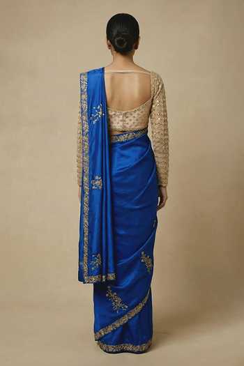 Ellemora Fashions_Blue Net, Silk Square Neck Sapahrie Nights Saree And Blouse Set _Online_at_Aza_Fashions