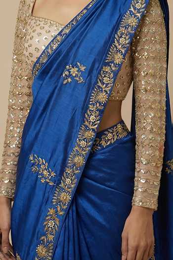 Buy_Ellemora Fashions_Blue Net, Silk Square Neck Sapahrie Nights Saree And Blouse Set 