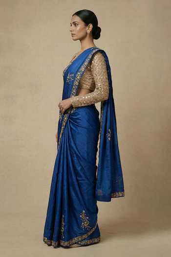 Shop_Ellemora Fashions_Blue Net, Silk Square Neck Sapahrie Nights Saree And Blouse Set 