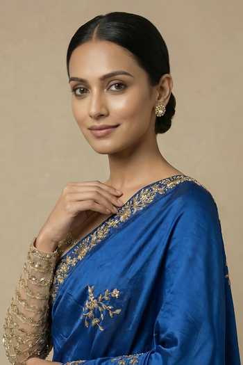 Ellemora Fashions_Blue Net, Silk Square Neck Sapahrie Nights Saree And Blouse Set _Online