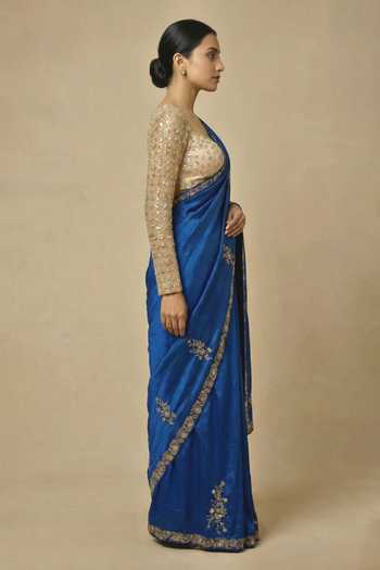 Buy_Ellemora Fashions_Blue Net, Silk Square Neck Sapahrie Nights Saree And Blouse Set _Online