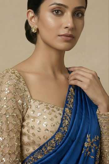 Shop_Ellemora Fashions_Blue Net, Silk Square Neck Sapahrie Nights Saree And Blouse Set _Online
