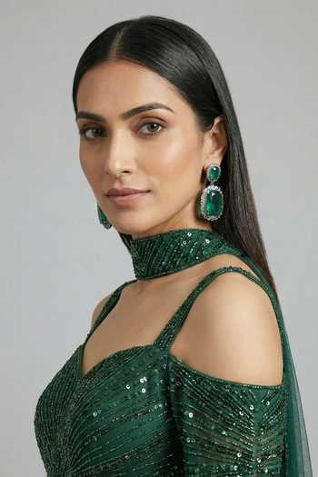 Ellemora Fashions_Emerald Green Satin Sequins, Beads Regal Jade Embroidered Gown And Stole Set _Online