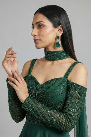 Buy_Ellemora Fashions_Emerald Green Satin Sequins, Beads Regal Jade Embroidered Gown And Stole Set _Online