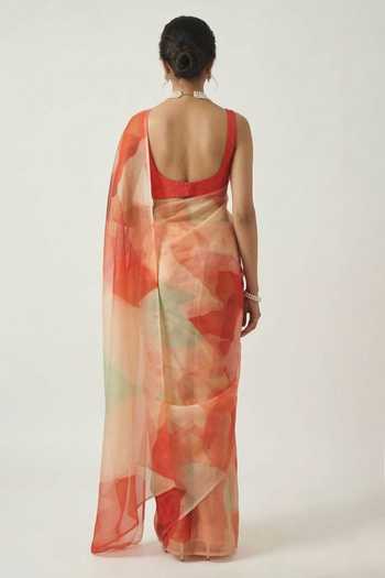 Ellemora Fashions_Coral Silk Sweetheart Neck Mist Watercolour Print Saree Set _Online_at_Aza_Fashions
