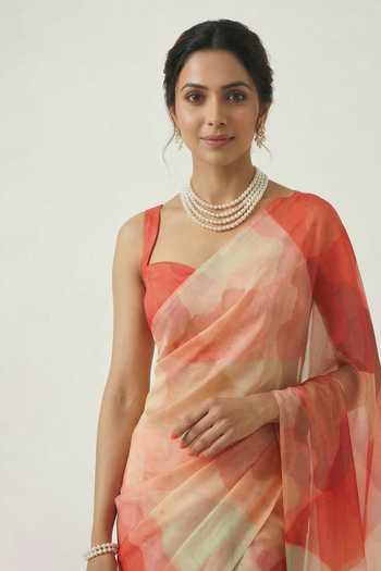 Shop_Ellemora Fashions_Coral Silk Sweetheart Neck Mist Watercolour Print Saree Set _Online_at_Aza_Fashions