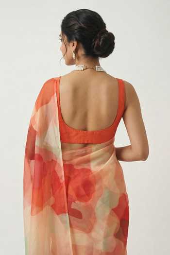 Ellemora Fashions_Coral Silk Sweetheart Neck Mist Watercolour Print Saree Set _at_Aza_Fashions