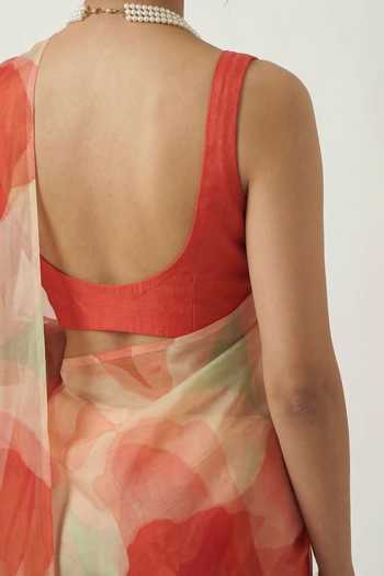 Buy_Ellemora Fashions_Coral Silk Sweetheart Neck Mist Watercolour Print Saree Set 