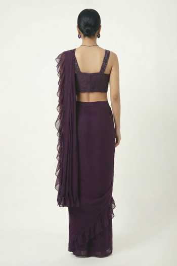 Ellemora Fashions_Wine Georgette Sweetheart Neck Royal Ruffle Saree Set _Online_at_Aza_Fashions