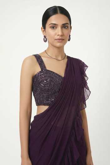 Buy_Ellemora Fashions_Wine Georgette Sweetheart Neck Royal Ruffle Saree Set _Online_at_Aza_Fashions