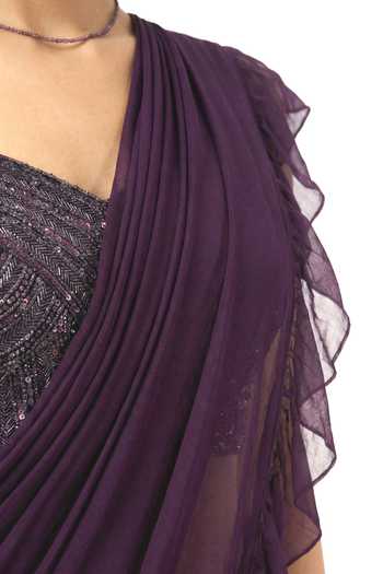 Shop_Ellemora Fashions_Wine Georgette Sweetheart Neck Royal Ruffle Saree Set _Online_at_Aza_Fashions