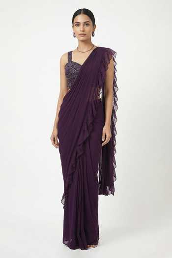 Buy_Ellemora Fashions_Wine Georgette Sweetheart Neck Royal Ruffle Saree Set 