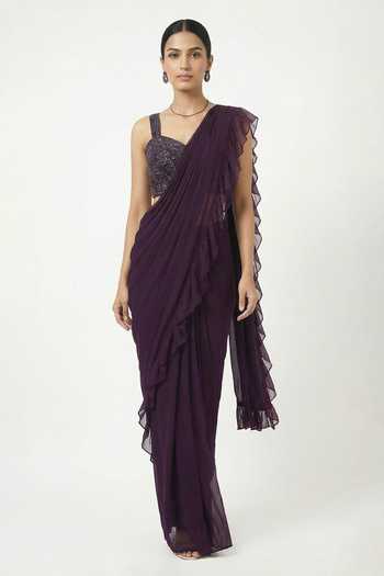 Buy_Ellemora Fashions_Wine Georgette Sweetheart Neck Royal Ruffle Saree Set _at_Aza_Fashions