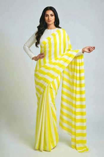 Buy_Ellemora Fashions_White Crepe Round Neck Parallel Striped Saree And Blouse Set _at_Aza_Fashions