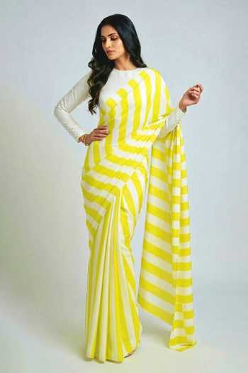 Buy_Ellemora Fashions_White Crepe Round Neck Parallel Striped Saree And Blouse Set _Online_at_Aza_Fashions