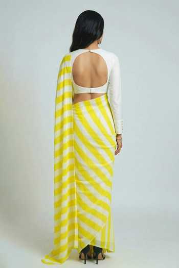 Ellemora Fashions_White Crepe Round Neck Parallel Striped Saree And Blouse Set _Online_at_Aza_Fashions