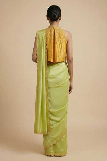 Ellemora Fashions_Yellow Silk High Neck Royal Saffron Saree And Ruffle Blouse Set _Online_at_Aza_Fashions