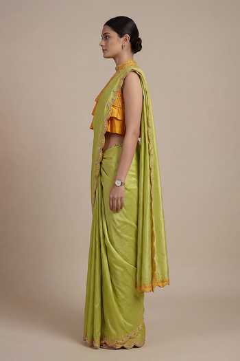 Buy_Ellemora Fashions_Yellow Silk High Neck Royal Saffron Saree And Ruffle Blouse Set _Online_at_Aza_Fashions