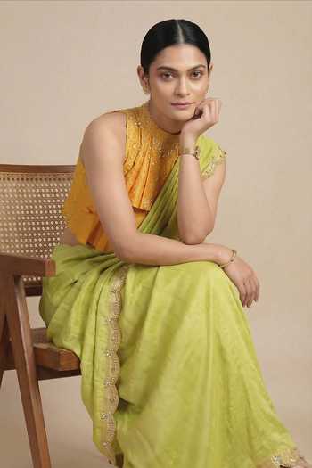 Shop_Ellemora Fashions_Yellow Silk High Neck Royal Saffron Saree And Ruffle Blouse Set _Online_at_Aza_Fashions