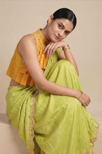 Ellemora Fashions_Yellow Silk High Neck Royal Saffron Saree And Ruffle Blouse Set _at_Aza_Fashions
