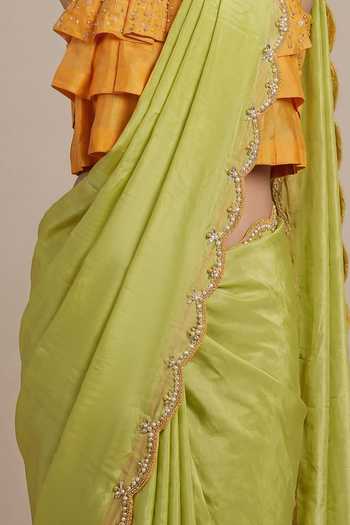 Buy_Ellemora Fashions_Yellow Silk High Neck Royal Saffron Saree And Ruffle Blouse Set 