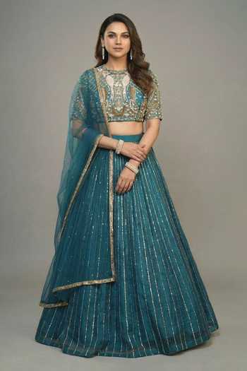 Shop_Ellemora Fashions_Green Organza, Satin, Net Round Neck Midnight Mermaid Embroidered Lehenga Set _at_Aza_Fashions