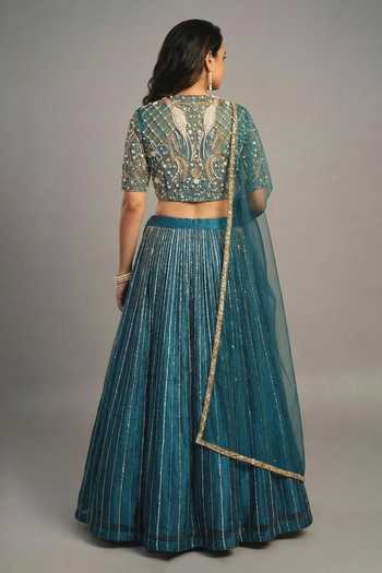 Ellemora Fashions_Green Organza, Satin, Net Round Neck Midnight Mermaid Embroidered Lehenga Set _Online_at_Aza_Fashions