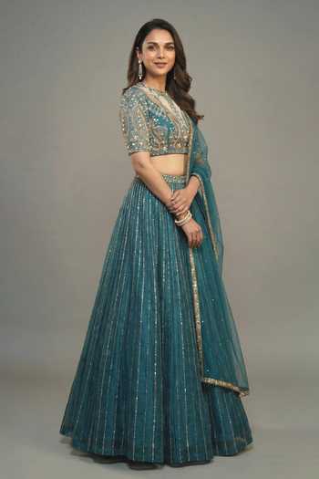 Buy_Ellemora Fashions_Green Organza, Satin, Net Round Neck Midnight Mermaid Embroidered Lehenga Set _Online_at_Aza_Fashions