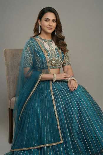 Shop_Ellemora Fashions_Green Organza, Satin, Net Round Neck Midnight Mermaid Embroidered Lehenga Set _Online_at_Aza_Fashions