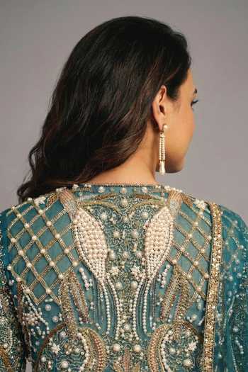Buy_Ellemora Fashions_Green Organza, Satin, Net Round Neck Midnight Mermaid Embroidered Lehenga Set 