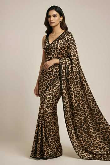 Ellemora Fashions_Black Crepe V-neck Satin Safari Leopard Print Saree And Blouse Set _Online