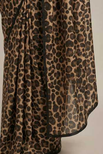Shop_Ellemora Fashions_Black Crepe V-neck Satin Safari Leopard Print Saree And Blouse Set _Online