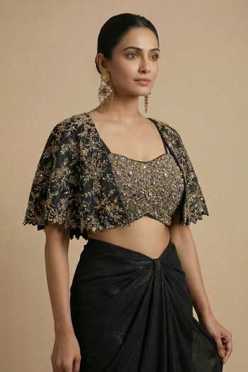 Shop_Ellemora Fashions_Black Silk Round , Sweetheart Royal Rebel Embroidered Blouse Set _Online_at_Aza_Fashions
