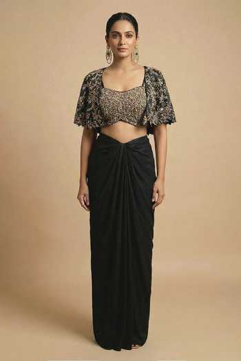 Ellemora Fashions_Black Silk Round , Sweetheart Royal Rebel Embroidered Blouse Set _at_Aza_Fashions