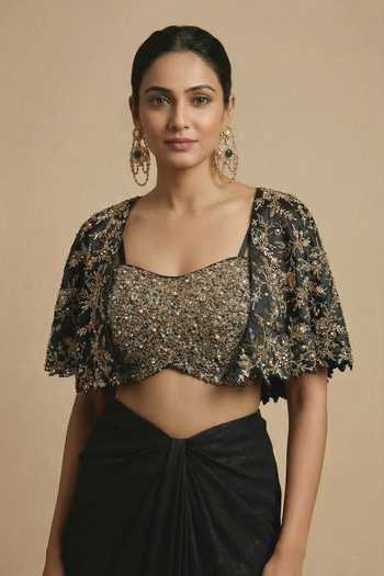 Buy_Ellemora Fashions_Black Silk Round , Sweetheart Royal Rebel Embroidered Blouse Set 