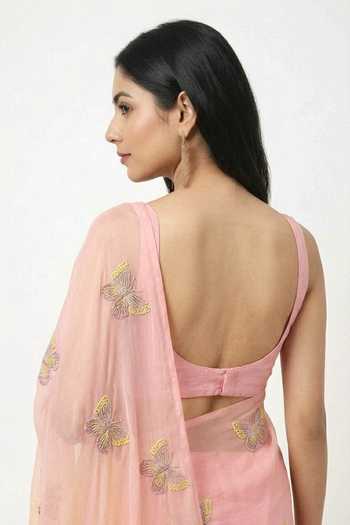 Buy_Ellemora Fashions_Pink Organza One Shoulder Sunblush Ombre Saree And Blouse Set _Online_at_Aza_Fashions