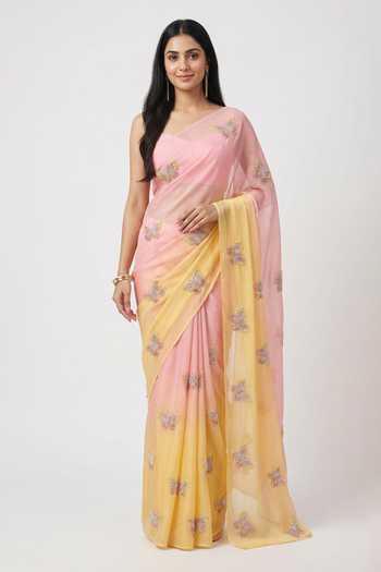 Shop_Ellemora Fashions_Pink Organza One Shoulder Sunblush Ombre Saree And Blouse Set _Online_at_Aza_Fashions