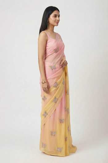 Ellemora Fashions_Pink Organza One Shoulder Sunblush Ombre Saree And Blouse Set _at_Aza_Fashions