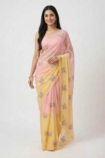Buy_Ellemora Fashions_Pink Organza One Shoulder Sunblush Ombre Saree And Blouse Set _at_Aza_Fashions
