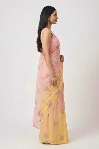 Buy_Ellemora Fashions_Pink Organza One Shoulder Sunblush Ombre Saree And Blouse Set 