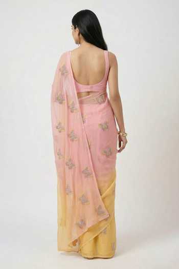 Ellemora Fashions_Pink Organza One Shoulder Sunblush Ombre Saree And Blouse Set _Online_at_Aza_Fashions